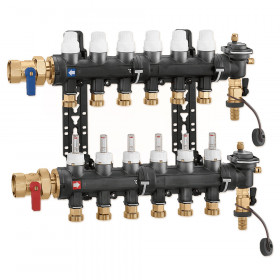 Caleffi 671 колектор розподільний з технополімеру в зборі з витратомірами, клапанами, повітровідвідником, кранами та термометрами