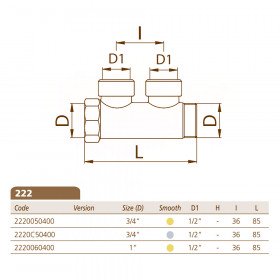 Bianchi 222 колектори латунні підключення 3/4″ або 1″ з 2-ма виходами 1/2″ внутрішня різьба, міжосьова відстань 36 мм