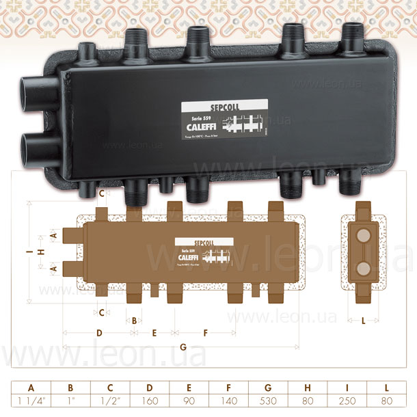 559022 Caleffi гидравлический сепаратор-коллектор 90мм 2+2 Sepcoll